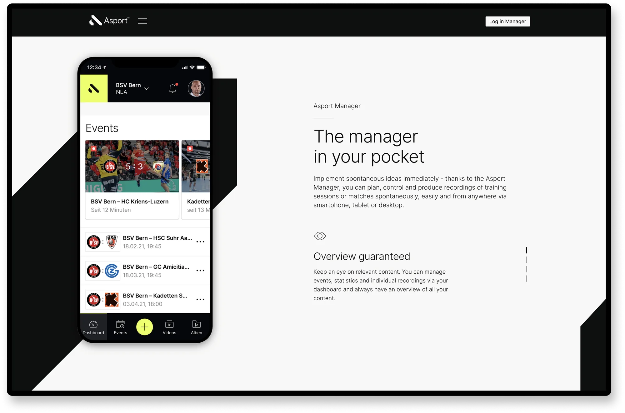 Asport.tv Homepage – „The manager in your pocket“ mit Asport Manager als Smartphone-App