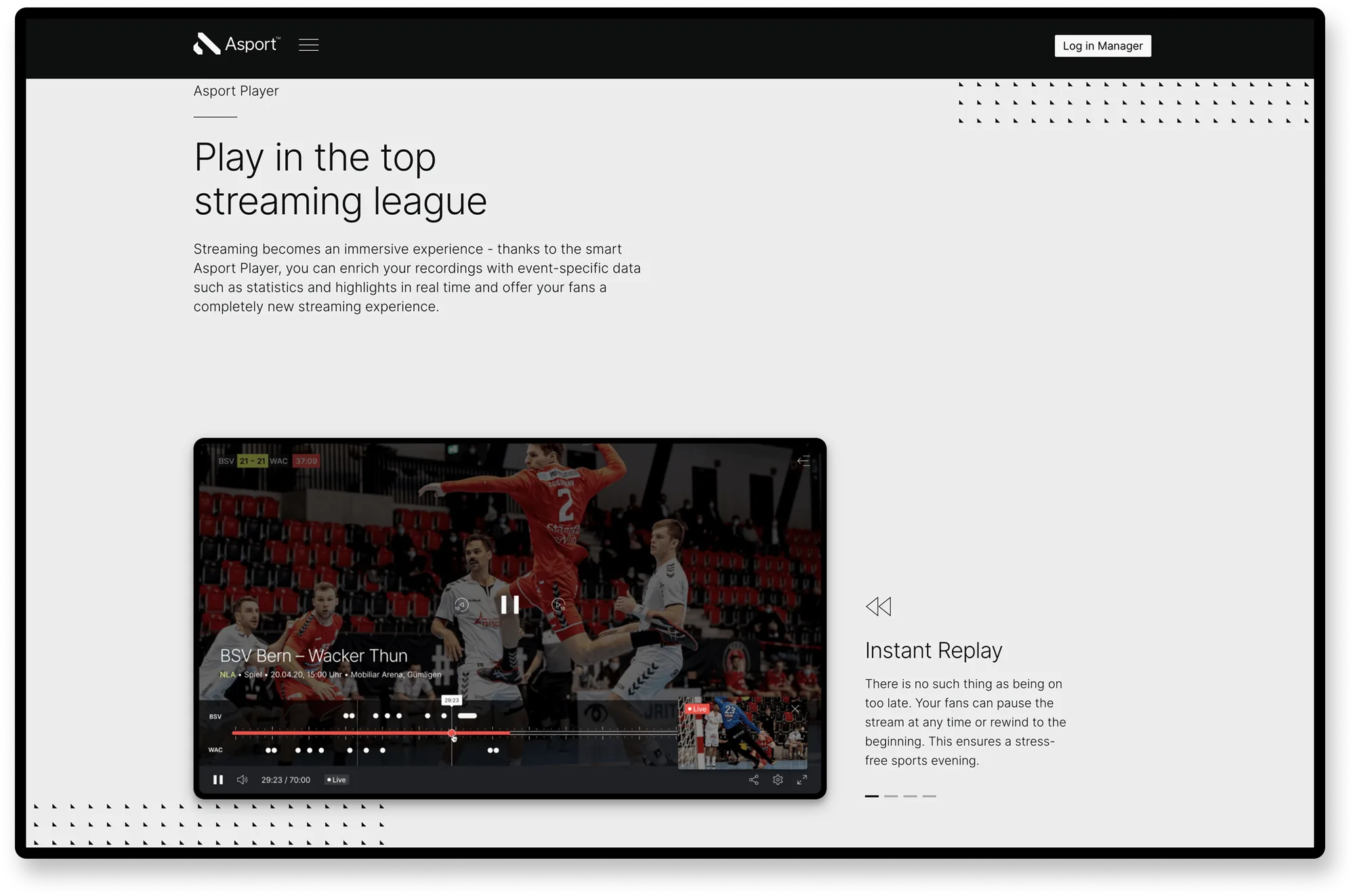 Asport.tv Homepage – „Play in the top streaming league“ mit Smart Player und Instant Replay