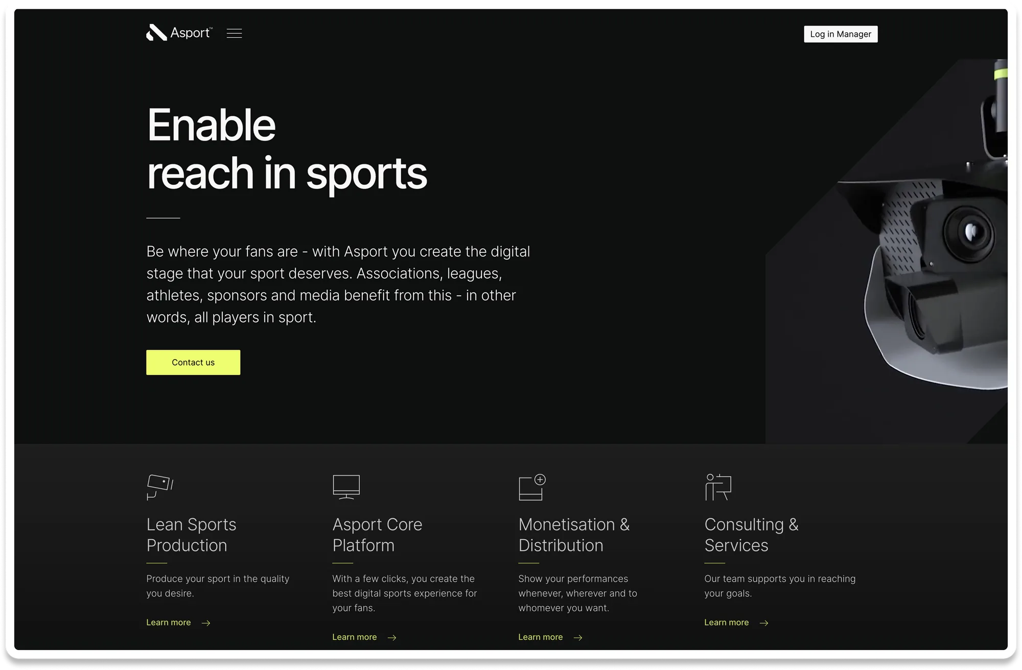 Asport.tv Homepage – „Enable reach in sports“ mit Überblick zu Lean Sports Production, Core Platform, Monetisation und Consulting