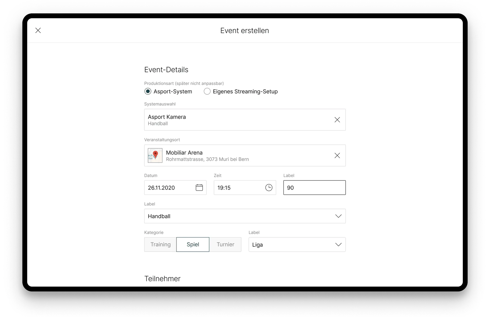 Asport Manager – Event erstellen mit Produktionsart, Kamera-Auswahl, Veranstaltungsort, Datum und Kategorie