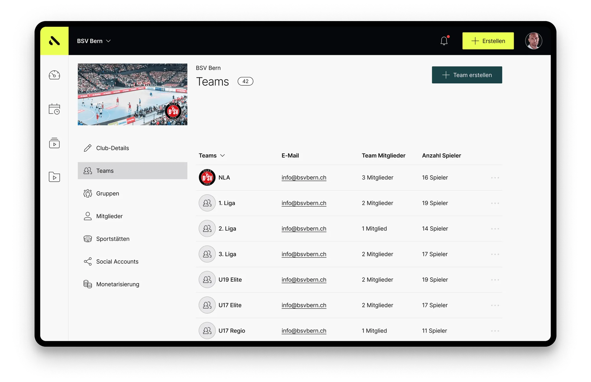 Asport Manager – Team-Verwaltung mit Ligen, Mitgliedern und Sidebar für Club, Sportstätten und Monetarisierung