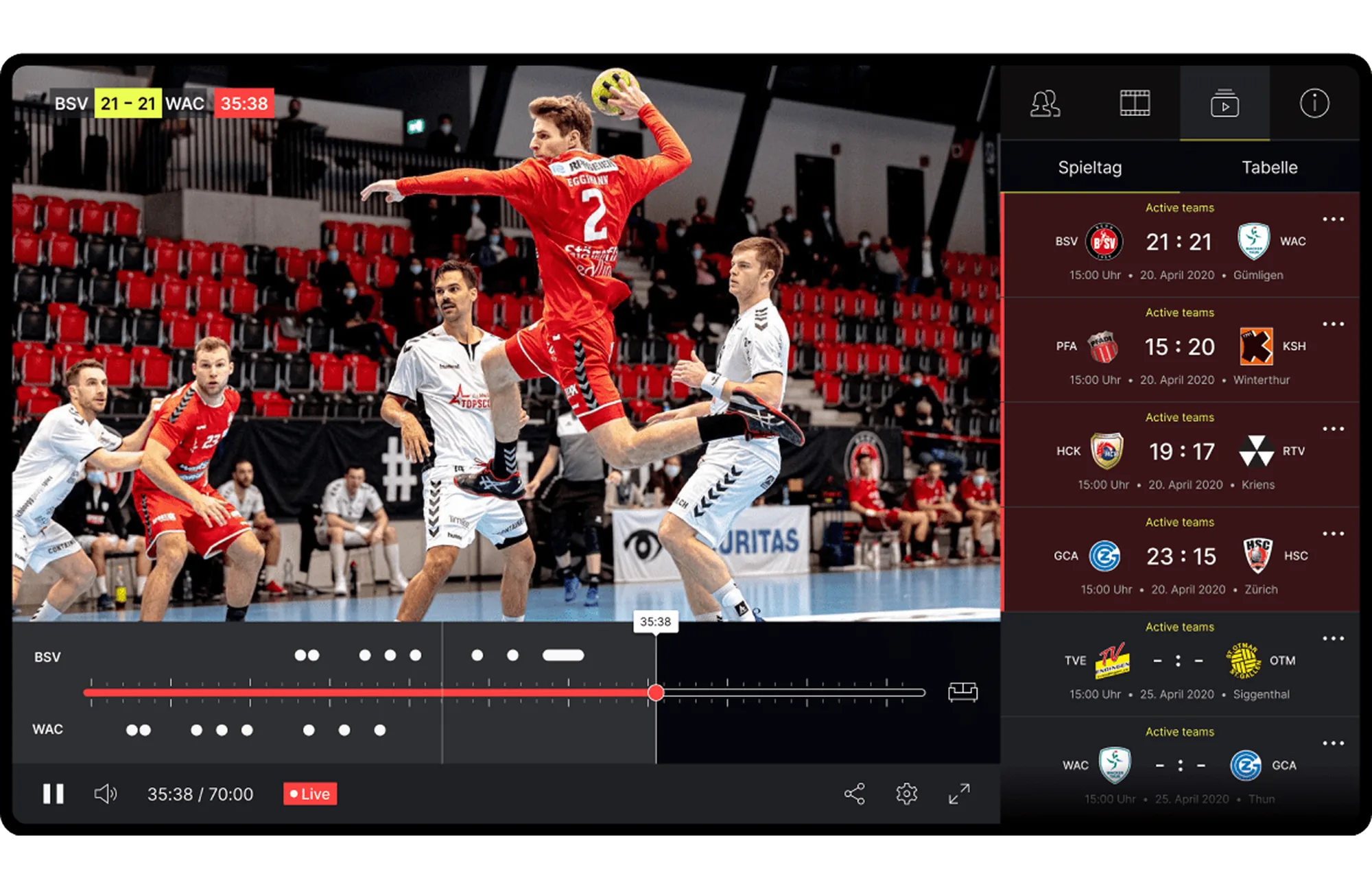 Asport Viewer-Player – Live-Handballspiel (BSV vs. WAC) mit Score, Event-Timeline und Spieltag-Sidebar