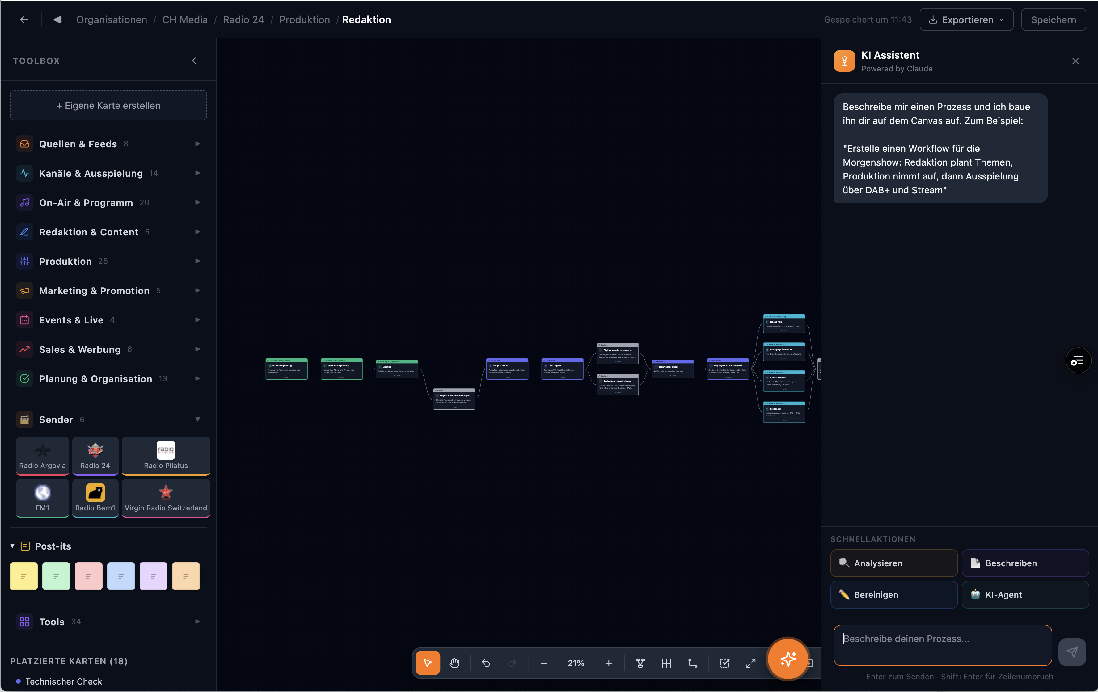Flowcast – KI Assistent (Powered by Claude): Prozess-Beschreibung per Chat und automatischer Canvas-Aufbau