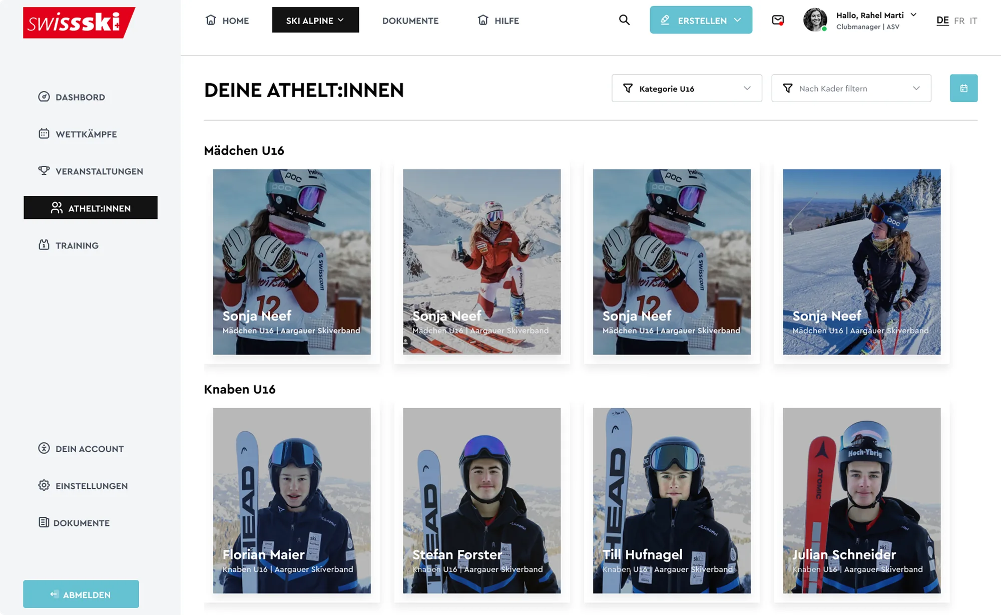 KWO Swiss-Ski – Athlet:innen-Verwaltung mit Foto-Karten nach Kategorien (Mädchen/Knaben U16)