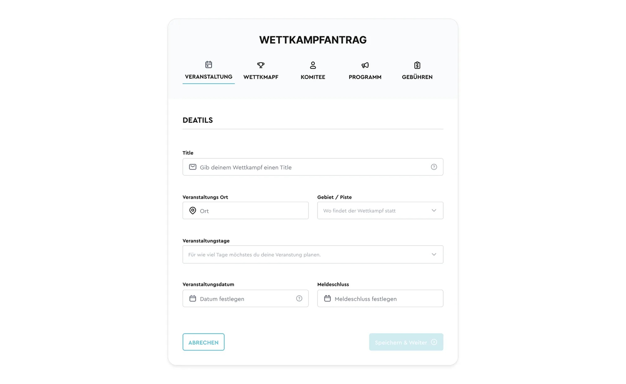 KWO Swiss-Ski – Wettkampfantrag als mehrstufiges Formular (Veranstaltung, Wettkampf, Komitee, Programm, Gebühren)