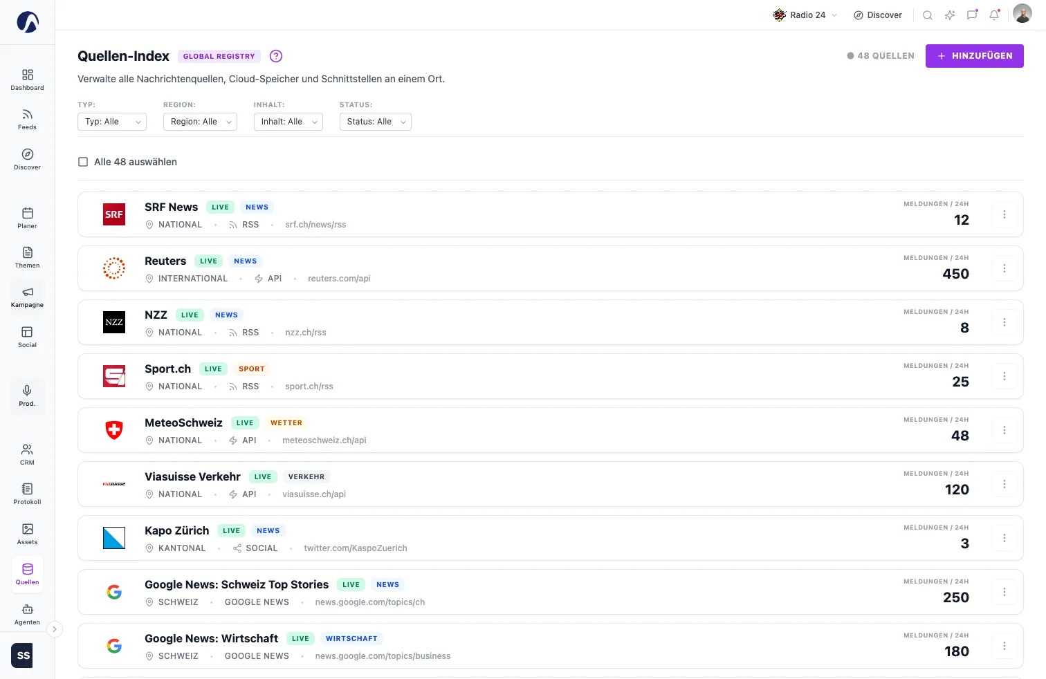 DANEXiS Orchestra – Quellen: Konfiguration der angebundenen Feeds und Datenquellen