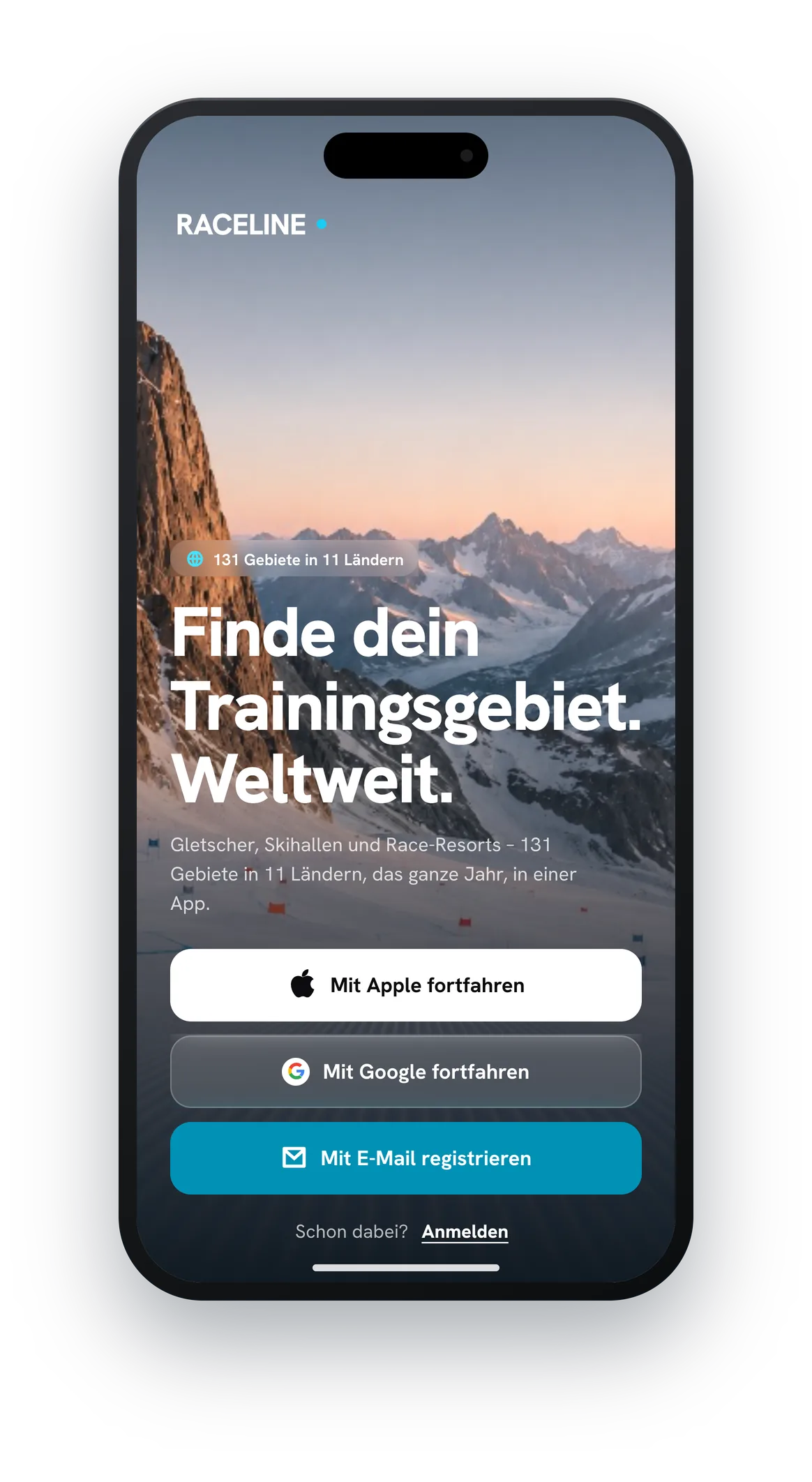 RACELINE Trainer-App – Willkommen: Einstieg mit Suche nach Trainingsgebieten (mobile)