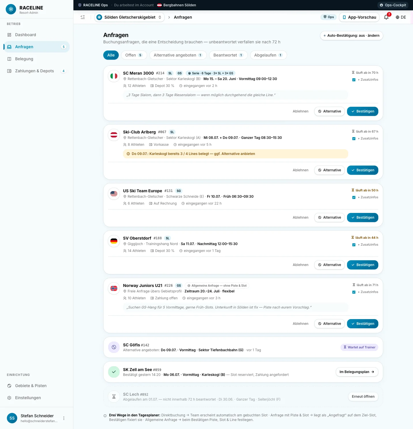 RACELINE Betreiber-Dashboard – Anfragen mit Bestätigen, Alternativen und Fristen (desktop)