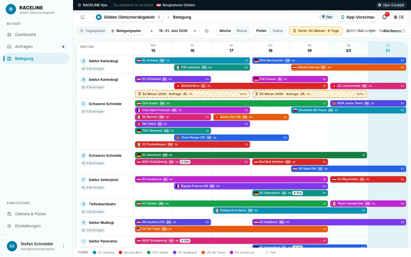 RACELINE Betreiber-Dashboard – Belegungsplan mit Sektoren, Teams und Anfrage-Vorschau (desktop)