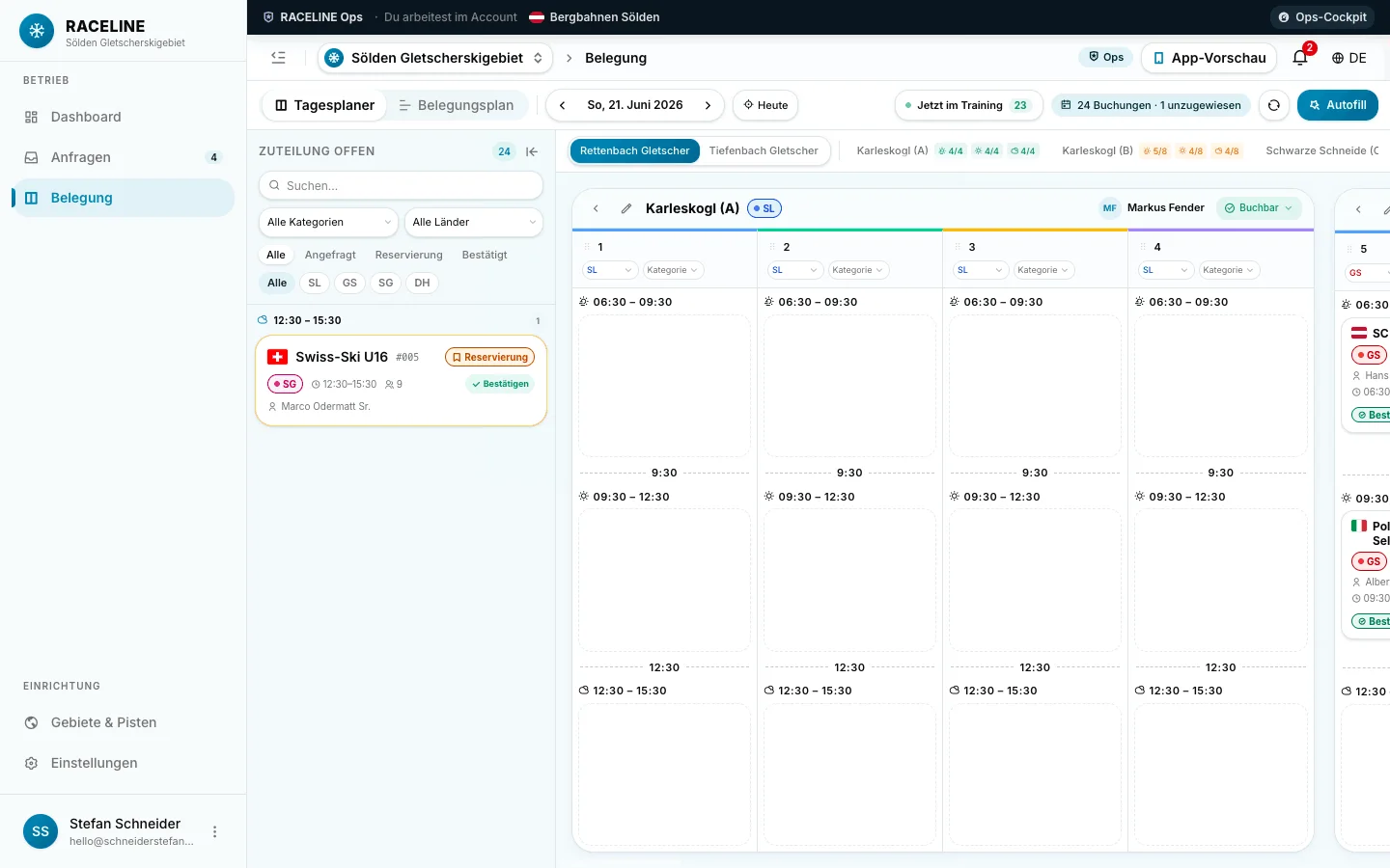RACELINE Betreiber-Dashboard – Tagesplaner mit Zuweisungen und Live-Panel (desktop)