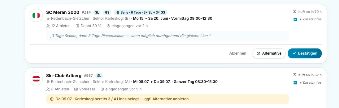 RACELINE Bergbahn-Dashboard – Detail Anfrage-Karten: Serie mit Frist, Depot-Status, Kommentar des Trainers und Aktionen Ablehnen, Alternative, Bestätigen