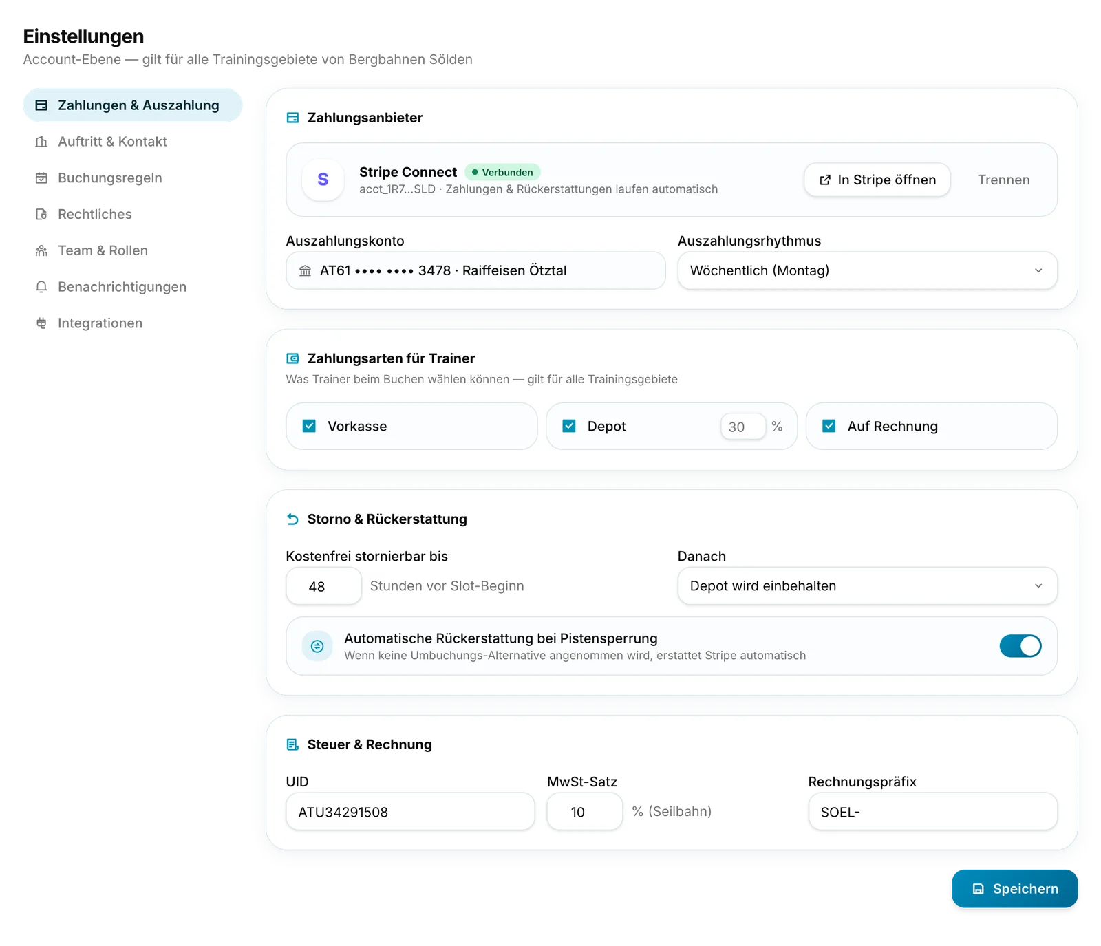 RACELINE Bergbahn-Dashboard – Detail Einstellungen: Stripe Connect, Zahlungsarten Vorkasse, Depot und Rechnung, Storno-Fristen und automatische Rückerstattung bei Pistensperrung