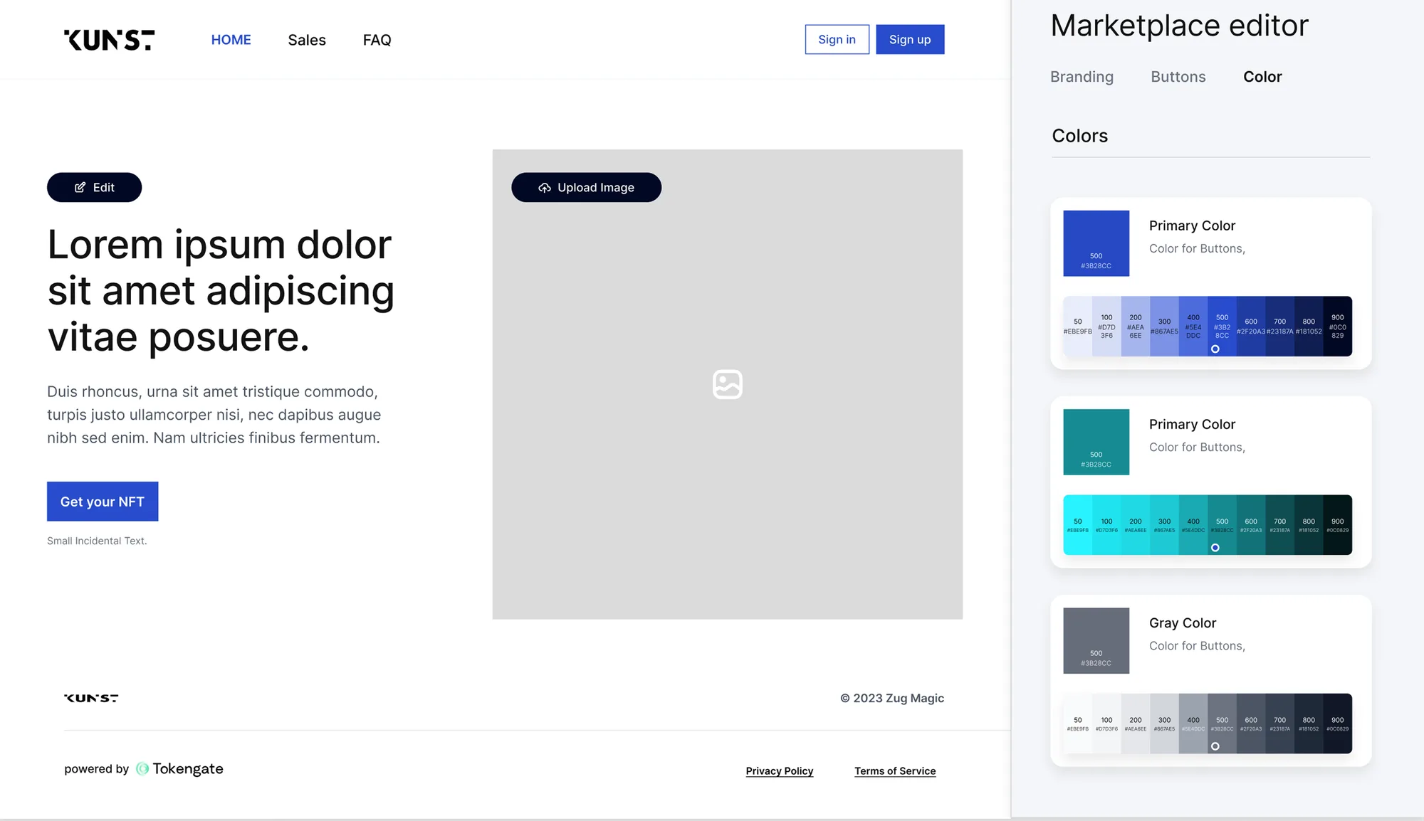 Tokengate – Marketplace-Editor zur Konfiguration von Branding, Buttons und Farbpaletten der White-Label-NFT-Plattform (KUN.ST)